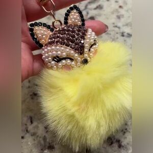 Yellow Fox Fur Keychain with Pearl Accents